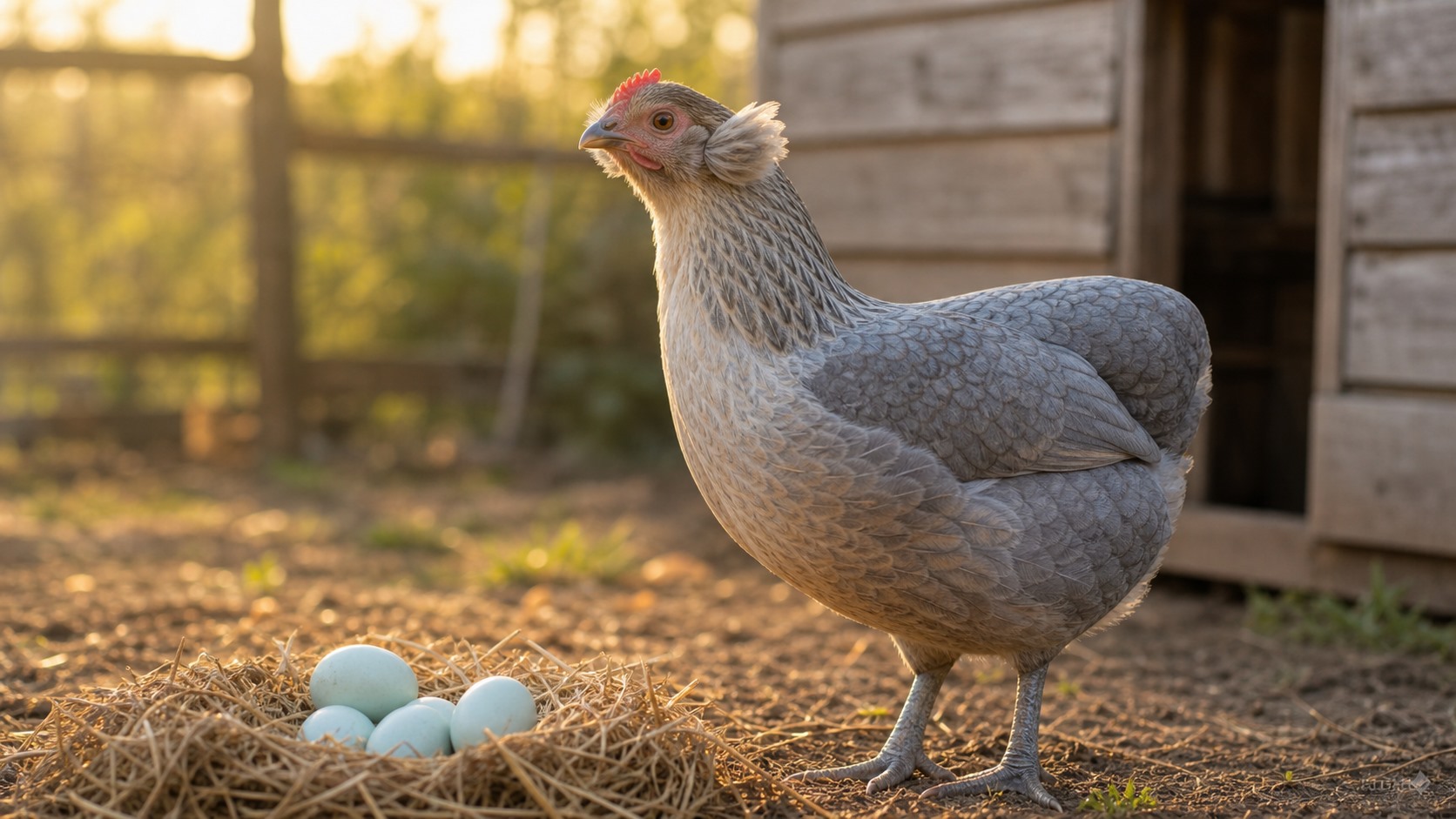 Araucana bez ogona, z pęczkami przy uszach i niebieskimi jajami