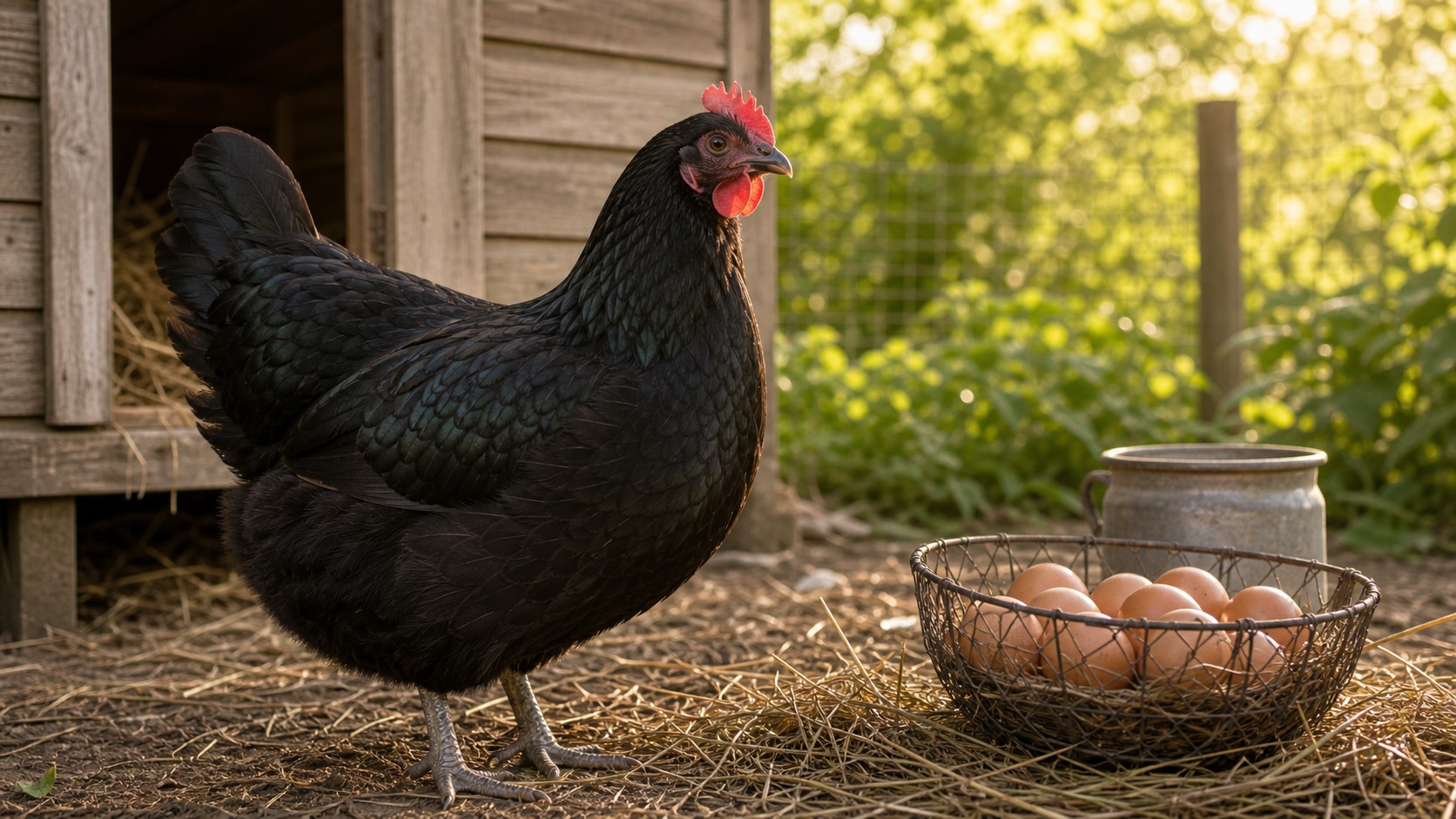 Czarna kura Australorp z zielonym połyskiem stojąca przy kurniku obok koszyka z jajami