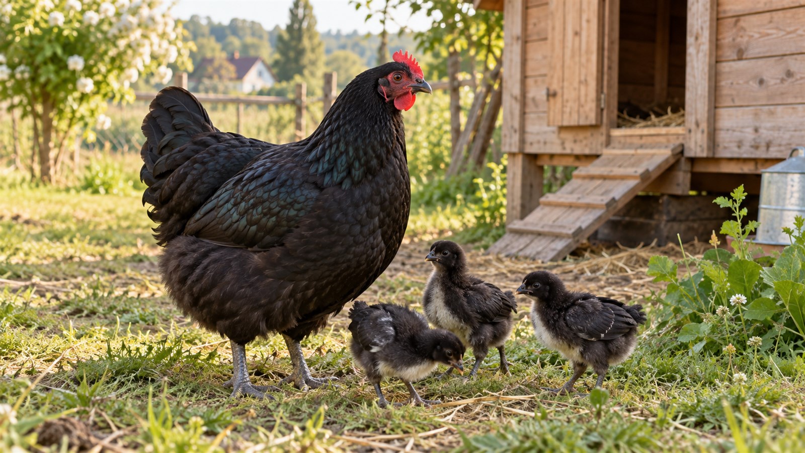 Czarna kura Australorp z zielonym połyskiem i pisklętami przy drewnianym kurniku