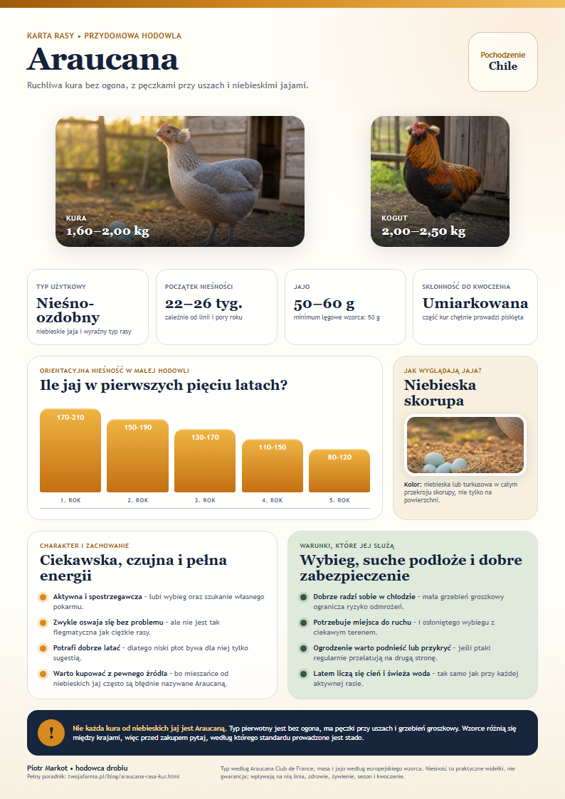Araucana – karta rasy do wydrukowania – kura araucana bez ogona przy niebieskich jajach
