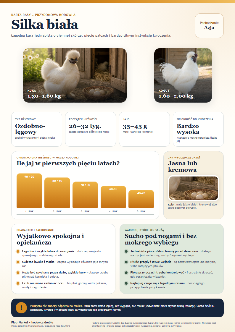 Silka biała – karta rasy do wydrukowania – biała kura silka przy małych kremowych jajach