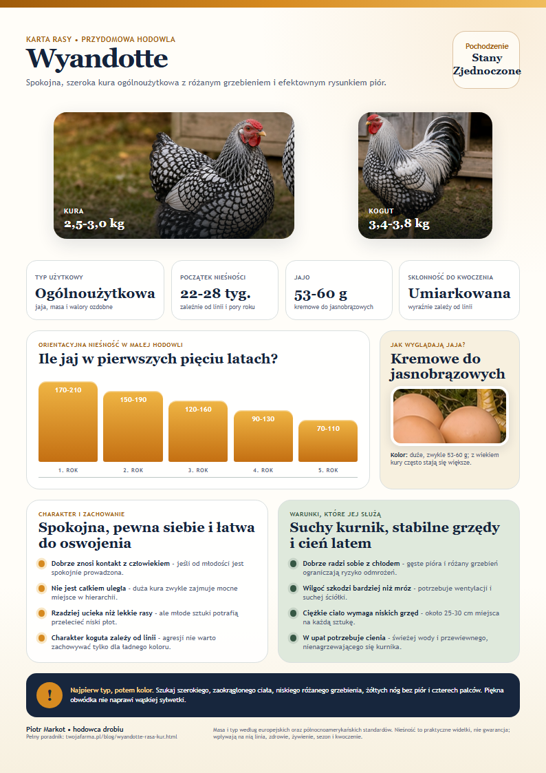 Wyandotte - karta rasy do wydrukowania - Srebrno obrzeżona kura i kogut Wyandotte przy jasnobrązowych jajach