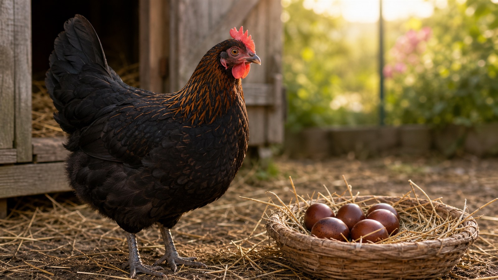 Kura Marans w odmianie czarno-miedzianej obok ciemnych czekoladowych jaj