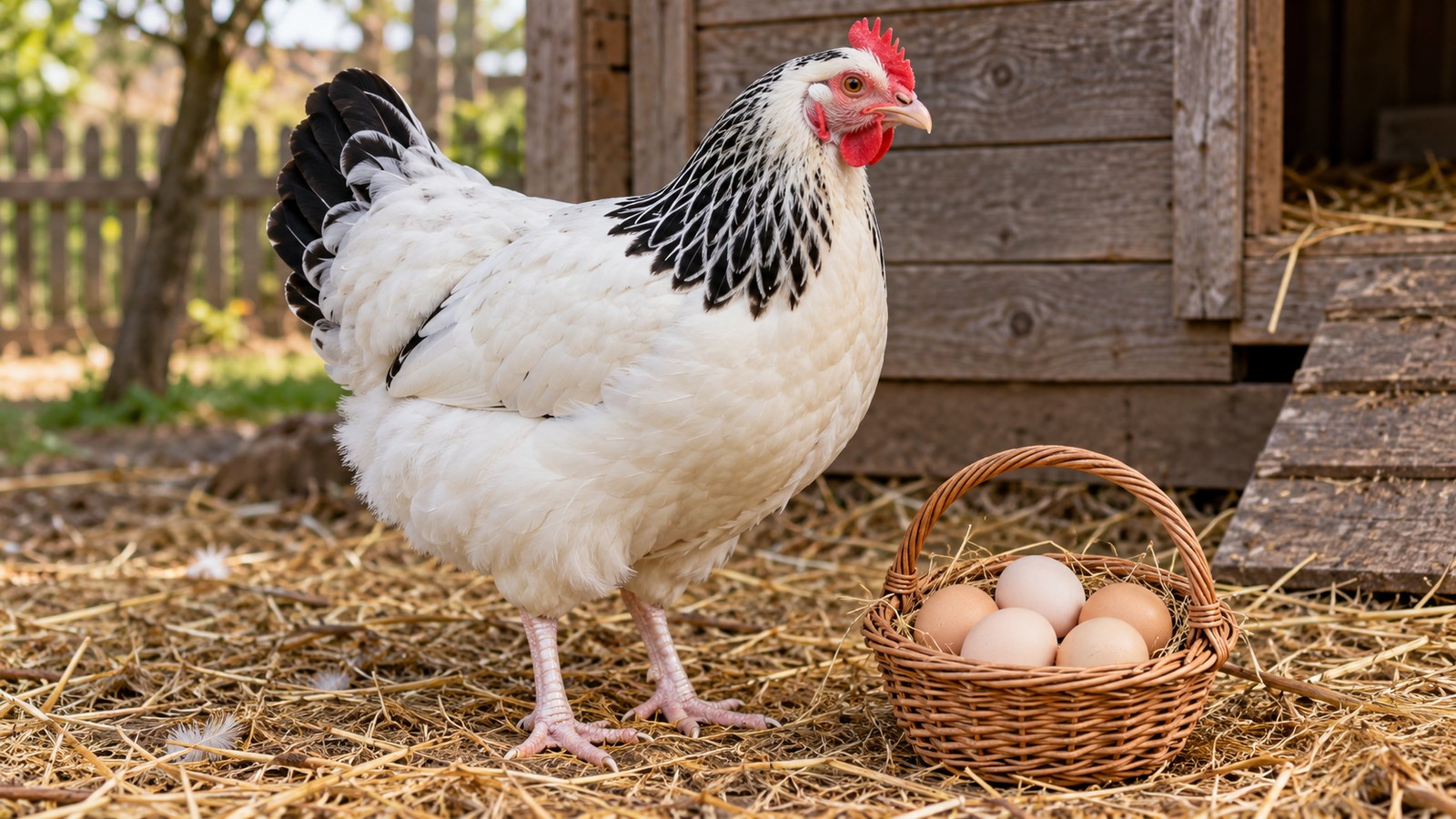 Kura Sussex gronostajowy obok koszyka z jasnymi jajami