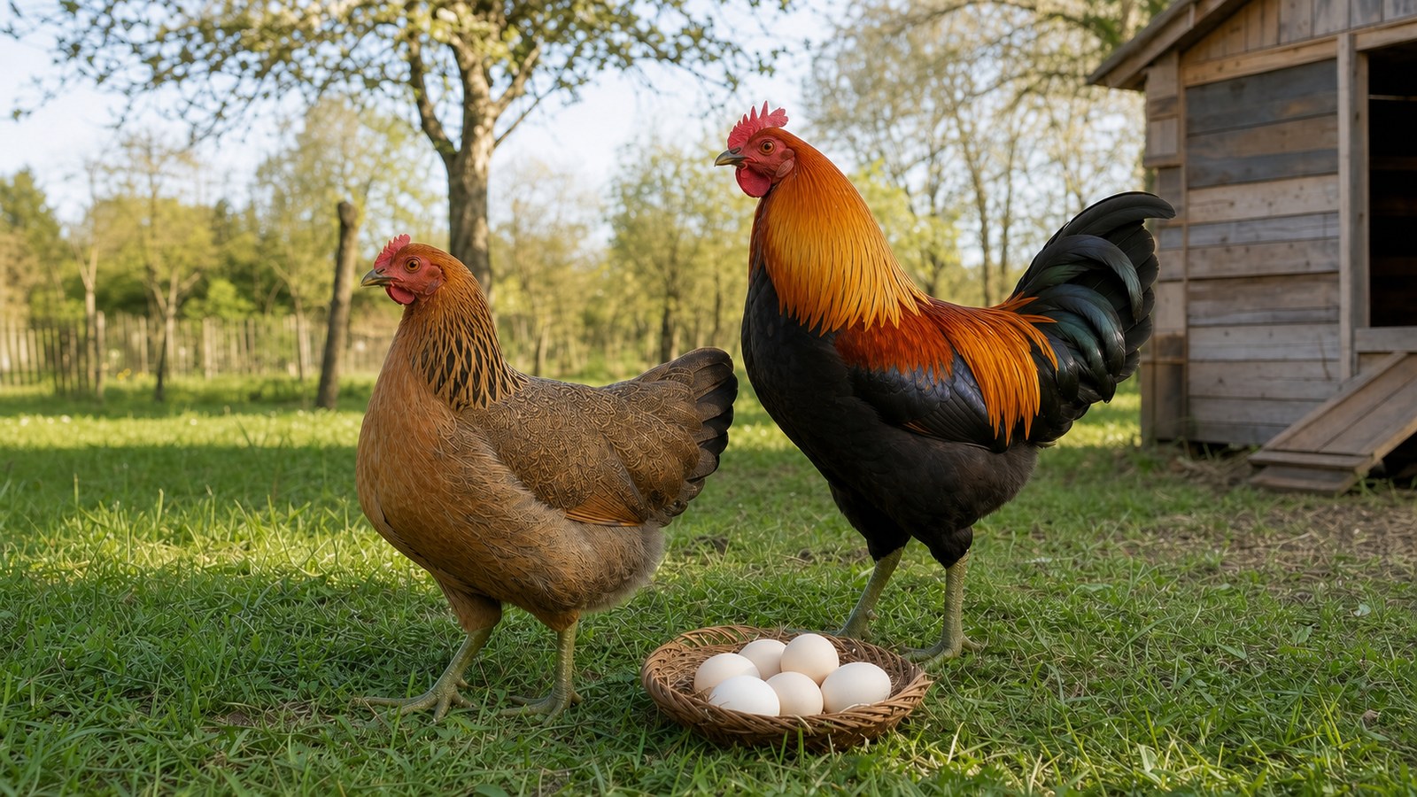 Kura i kogut Zielononóżki kuropatwianej z oliwkowozielonymi nogami obok kremowych jaj